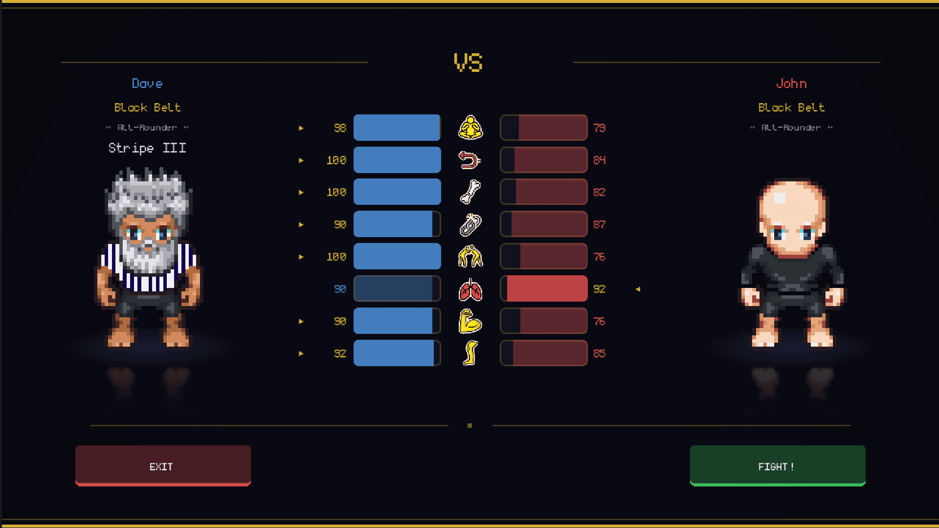 Combat VS screen showing stat comparison between two fighters