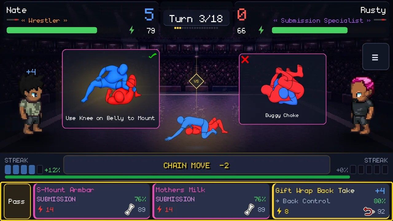 Submission Saga gameplay: a knee-on-belly position mid-match